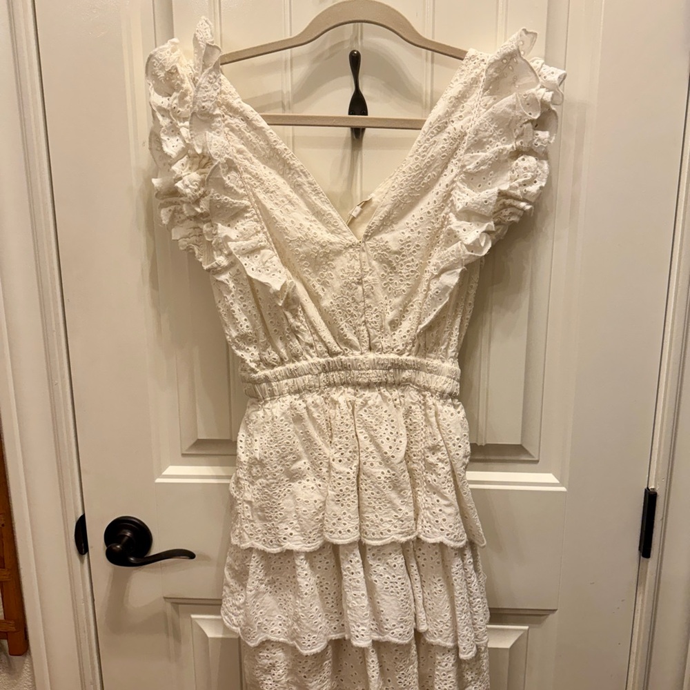Cream Ruffled Tiered Mini Sundress with V-Neck